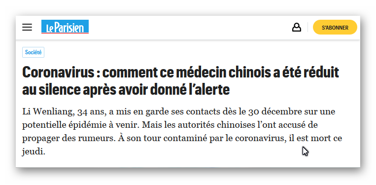 Extrait du journal Le Parisien sur l'origine chinoise du coronavirus