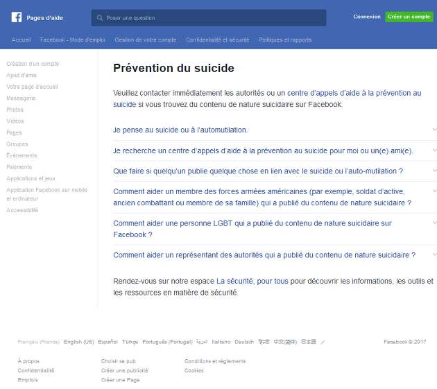 page Facebook prévention du suicide